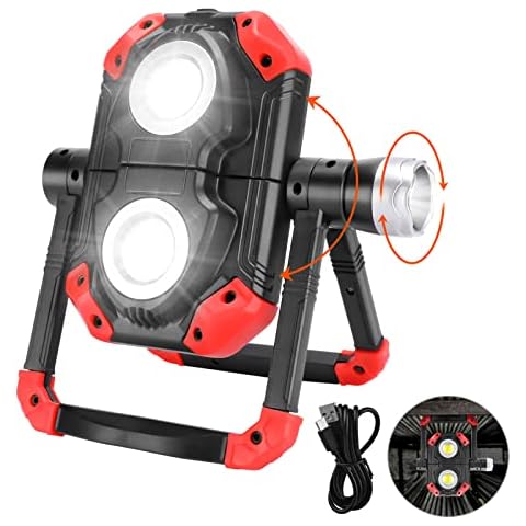 LED Rechargeable Work Light, AIMMIE Folding COB Floodlight with 360° Rotation, Portable Waterproof Outdoor Work Lamp with Stand for Car Repairing, Camping, Hiking, Emergency Power Bank & Fishing BBQ Cover
