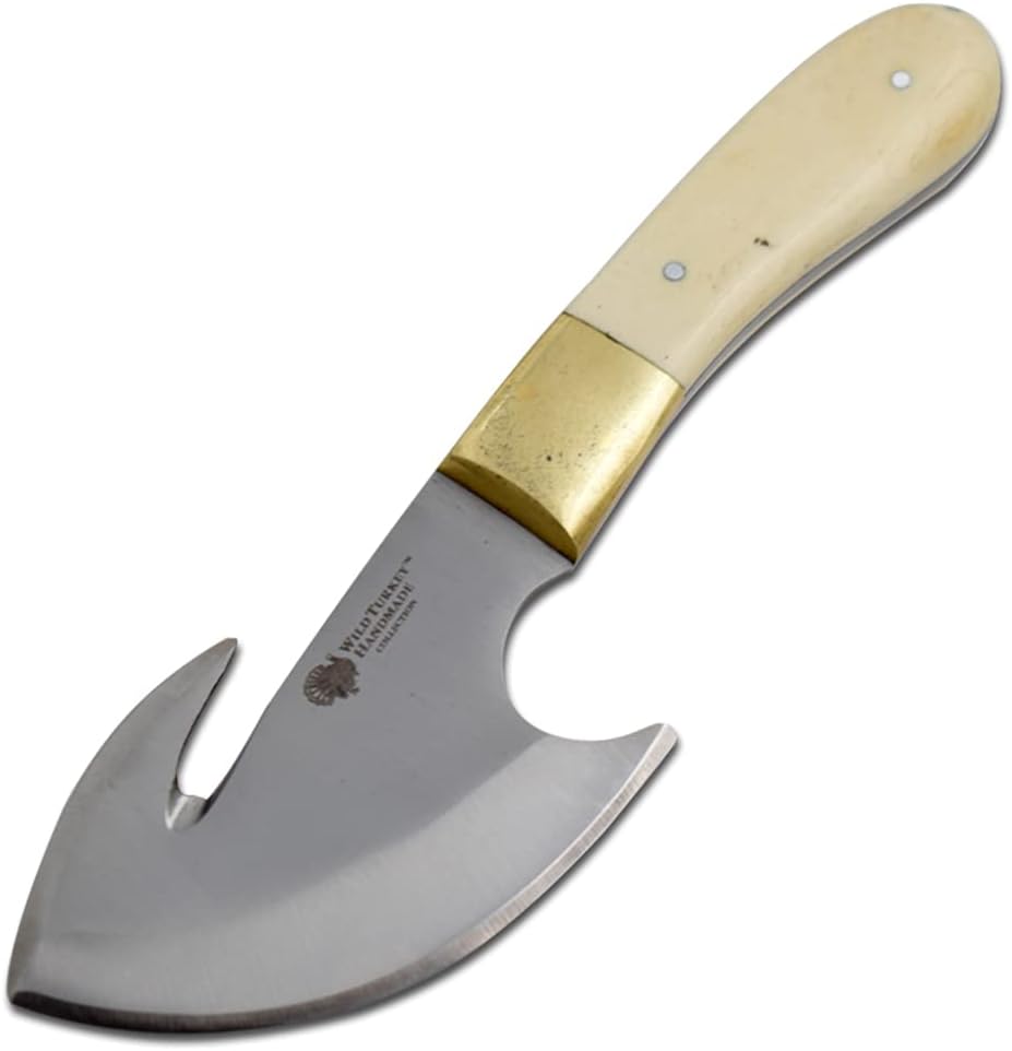 Wild Turkey Handmade Collection Full Tang Fixed Blade Gut Hook Skinner Knife w/Leather Sheath. (Bone)