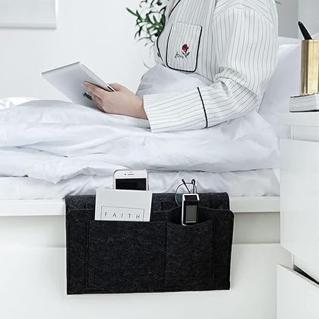 K.B.SALES Bedside Pocket Caddy Bed Organizer Storage Inside with 5 Pockets and Charging Cable Hole for Organizing Tablet Pocket Hanging Storage Organizer Sofa Desk Hanging Organizer (Black)-image-2
