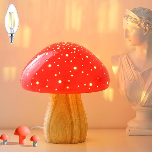BOHON Ceramic Retro Mushroom Bedside Lamp (Red, Corded)
