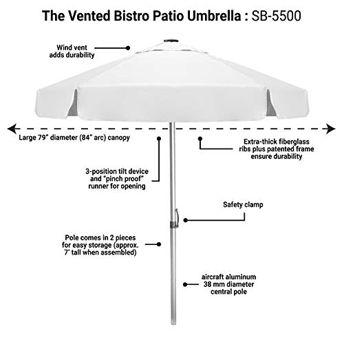 Strombergbrand The Vented Bistro, Large Outdoor Patio Umbrella with Tilt Adjustments, Café Style Market Umbrella, Patented Construction, Commercial Quality Heavy Duty Table Top Umbrella, White - Image 3