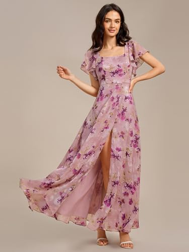 Image of Ever-Pretty Women's Square Neck Short Sleeves Split Chiffon Floor Length A-Line Maxi Formal Dress 02409