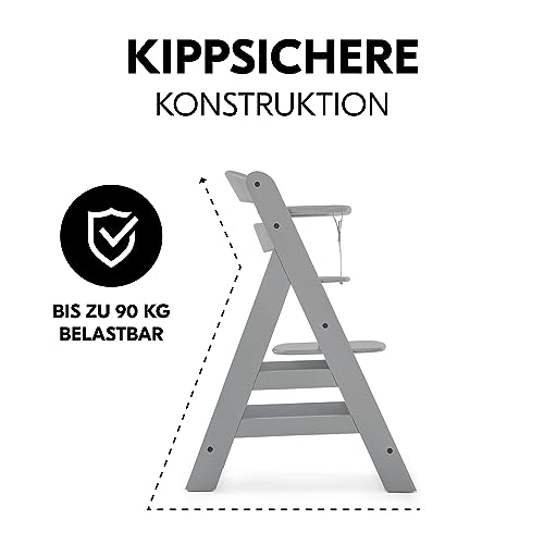 hauck Alpha+, Grey - Mitwachsender Holzhochstuhl aus Buche für Kinder ab 6 Monaten bis 90 kg - Inklusive 5 Punkt Gurt, Schrittgurt, Schutzbügel - Kompatibel mit viel Zubehör