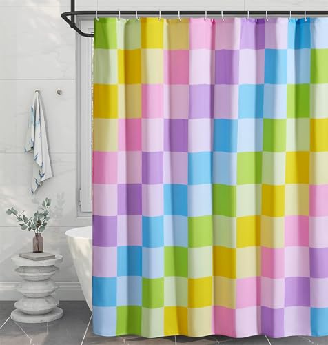 RoomTalks Multicolored Checkered Retro Fabric Shower Curtain for Bathroom, Heavy