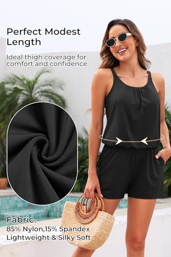 Image of Tempt Me Women Romper One Piece Swimsuits with Short | with Pockets, Modest, Removable cups, Boyleg, Full coverage