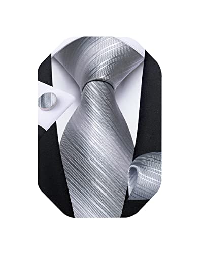 DiBanGu Mens Tie Set Silk Solid Paisley Necktie and Pocket Square Cufflinks Classic Formal Ties for Men Wedding Party Silver