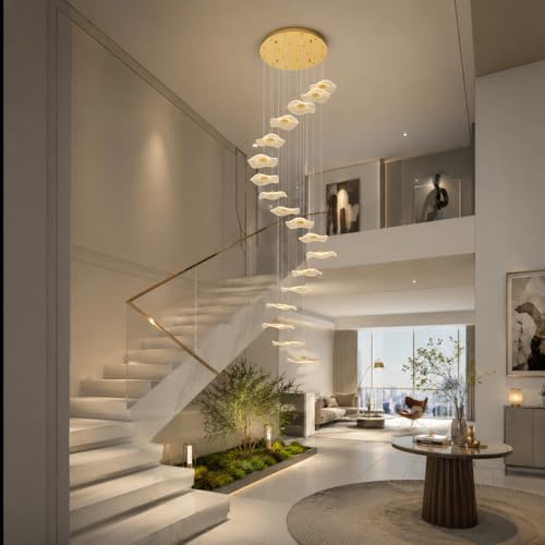 Image of ziidoo High Ceiling Chandelier - 18-Light Dimmable Modern Gold Long Spiral Luxury Linear Lotus Leaf Led Lamp Hanging Pendant Lights for Foyer Enterway Staircase Villas