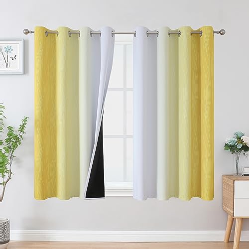 Estelar Textiler Yellow and Greyish White Blackout Curtains 45 Inch Length, Light Blocking Gradient Drapes for Kitchen, Thermal Insulated Grommet Ombre Curtains for Bathroom,52Wx45L,2 Panels