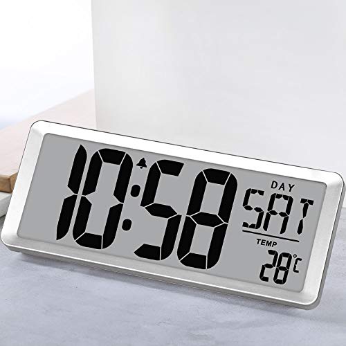 TXL Jumbo Digital Alarm Clock, Large LCD Display Timer/Calendar/Temperature/Snooze/12-24H, Energy Saving Battery Operated Extra Large Digital Wall Clock, Desk Clock for Bedside Office Gym Hotel,Silver