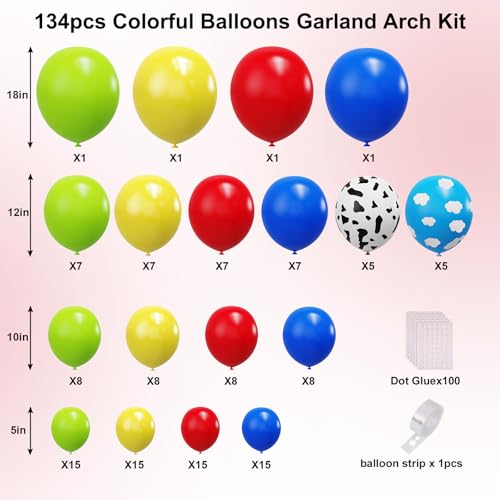 Image of YMSZ Cow Print Balloons Arch Kit, 134pcs Red Blue Yellow Green Balloons with Cow Print Balloons for Boys Girls Birthday Baby Shower Party Decorations