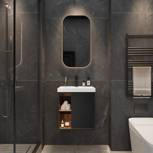 UEV Meuble Lave-Mains Suspendu avec Lavabo en Résine - Meuble de Salle de Bain Mural Gain de Place - Design Moderne à Lignes Verticales et Poignées...
