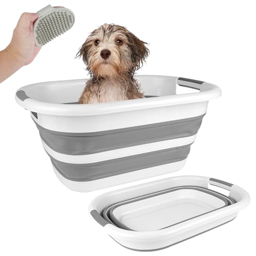 COM4SPORT Collapsible Dog Bathtub,26L Foldable Pet Bathtub and Silicone Shower Brush, Pet Wash Tub for Puppy, Small Dog and Cat