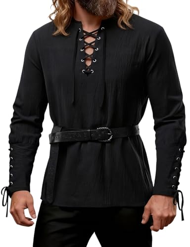JEMITOP Mens Pirate Renaissance Cotton Arm Banded Shirt Retro Long Sleeve Lace Up Costume for Medieval Viking Knight Halloween Cosplay Without Belt Black L