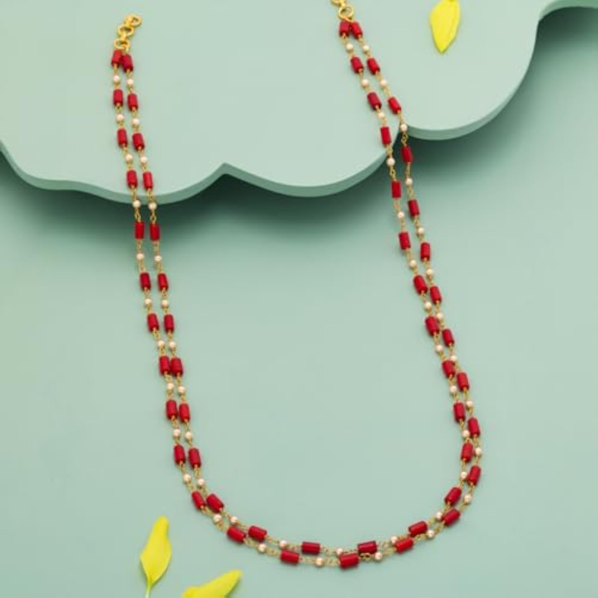 Women's Red-Pearl Gold Plated 92.5 Silver Temple Beaded Chain, Adjustable