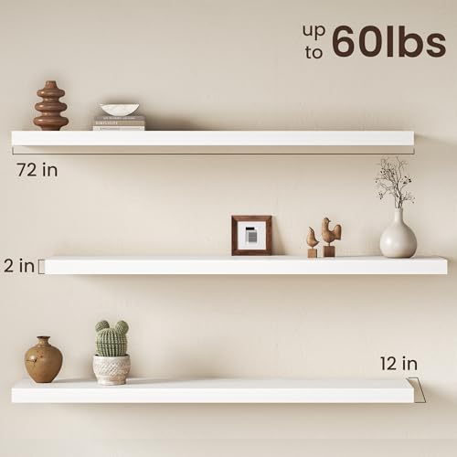 Image of Fun Memories 72 Inch Floating Shelves, 12 Inch Deep Wall Shelf for Fireplace Mantel, Deep Storage Shelves for Home & Office, Long Floating Shelf with Invisible Bracket, White, Set of 2