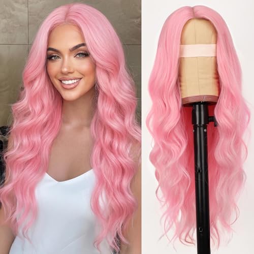 Perruque synthétique rose avec raie au milieu et cheveux longs ondulés