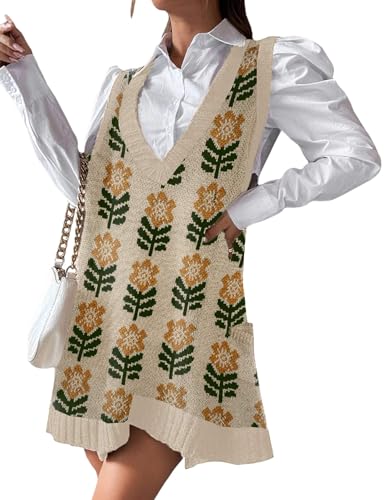 Image of Zeagoo Womens Sweater Vest Dress Pattern Knitted Pullovers Sweaters V Neck Tank Sweater Dress with Pockets