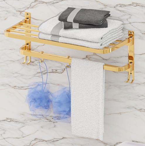 Image of Towel Rack for Bathroom, Shelf for Wall with Towel Hooks, Towel Rack, Kitchen Accessories Items Wall Mounted for Heavy-Duty Elegance (Gold, 18 Inch)