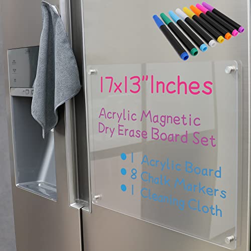 Acrylic Magnetic Dry Erase Board for Fridge 17x13\" Magnetic Whiteboard for Fridge Magnetic Acrylic Dry Erase Board for Refrigerator Clear Acrylic Board Magnet White Board for Fridge Wall 8 Markers