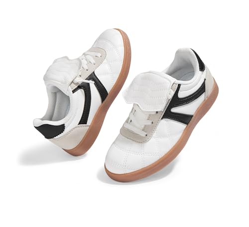 LUCKY STEP Unisex-Child Casual Sneakers Fashion Lightweight Walking Shoes Classic Retro Athletic Sneaker for Little Kids(10 M US White/Black)