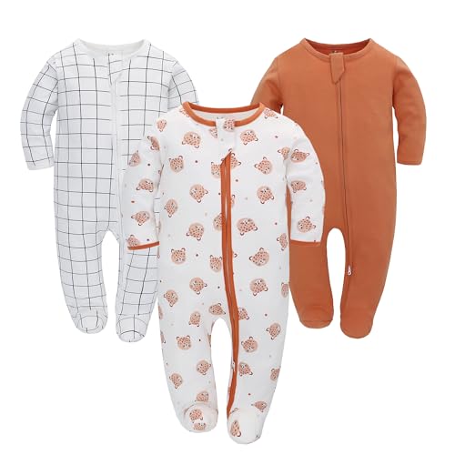 Newborn Baby Boys Girls Romper with Foot Baby Pyjamas One-Piece Long Sleeve Jumpsuit Infant Spring Autumn Bodysuit, Pack of 3