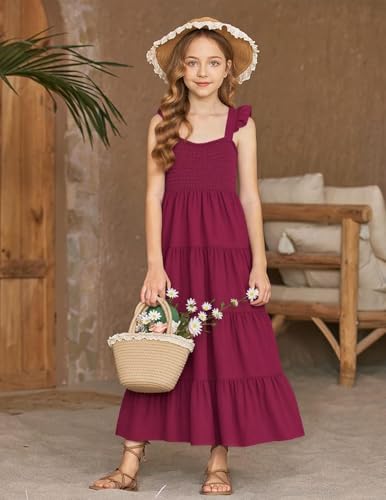 RETSUGO Girls Dresses Summer Flutter Sleeve Swing Casual Solid Color Tiered Smocked Dress 6-14 Years Old4