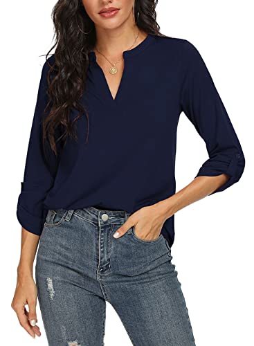 NILOUFO Womens Casual Summer Shirts Notch V Neck Blouses 3/4 Roll Sleeve Tops Tunics3
