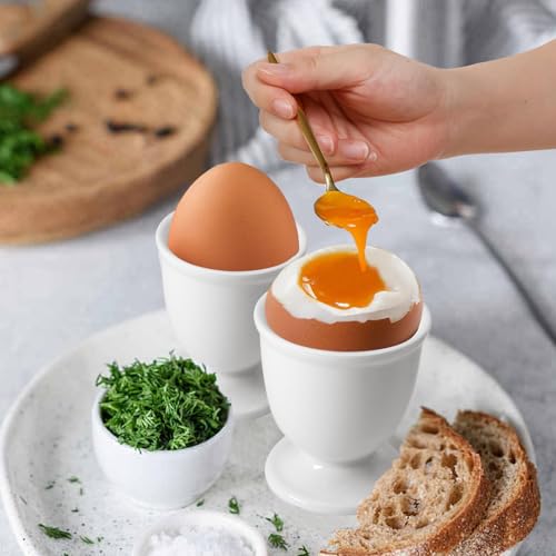 Image of Ceramic Egg Cups 2 Pcs, White Porcelain Egg Holder for Boiled Eggs | High-Fired Shatterproof Build, Dishwasher Safe Clean, Great for Breakfast Cooking Kitchen / Gift Childhood Memories