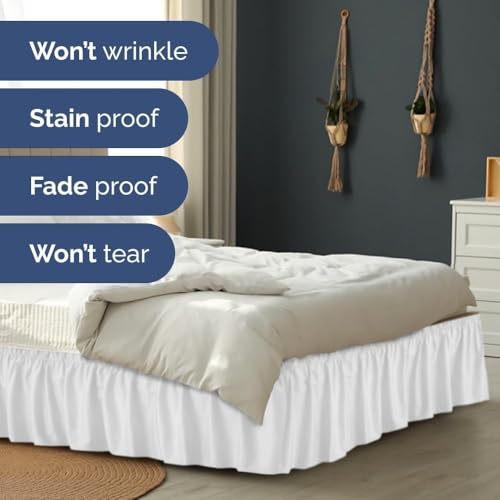 Image of Bed Skirt - Wrap Around Dust Ruffle Bed Frame Cover with Easy Fit Elastic Strap, King Size 12 Inch Drop, Microfiber Pleated, Machine Washable | White