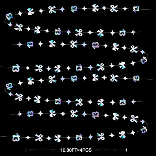 Image of Iridescent 13th Bow Birthday Decorations Glitter Conquette Bow Garland Streamer Banner Backdrop for Girls Boys Happy 13th Birthday Official Teenager Cheers to 13 Years Old Anniversary Party Supplies