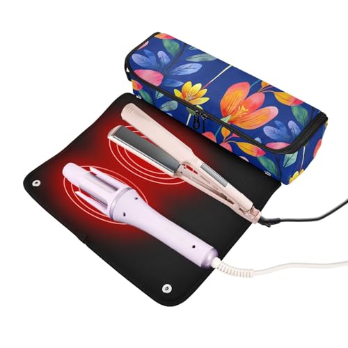 Cartoon Flowers Blue Hot Hair Tools Travel Bag con almohadilla resistente al calor, impermeable para planchas y rizadores de pelo, organizador portátil miniatura 2