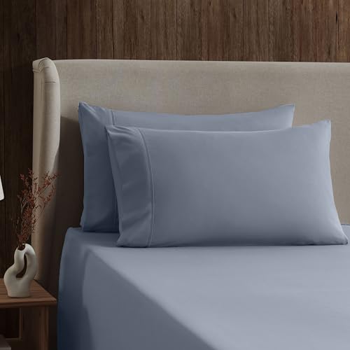 Image of Nestl King Bed Sheet Set - Stone Blue - 4-Piece Deep Pocket | Instantly Soft, Night-One Ready (No Wash Required). Fits 16-Inch Deep Pockets, 360-Degree Elastic Grip