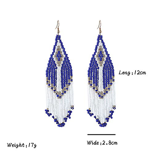 Bohemian Long Rice Beaded Tassel Earrings,Boho Native Handmade Woven Seed Bead Drop Dangle Earrings Statement Jewelry for Women Summer Holiday2