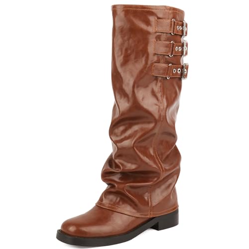 Image of ClassicSter Fold Over Knee High Boots Slouch Boots for Women Chunky Goth Platform Boots,2 inch Heel Wide Calf Long Boots Square Toe Riding Boots