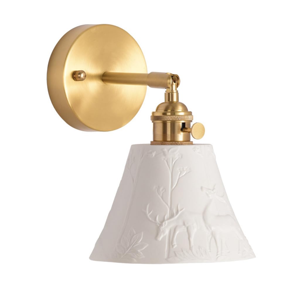Mjsdjof Retro Wall Sconce Lighting Brass Finish with White Deer Relief Ceramic Shade, Vintage Wall Mounted Lamps for Bedroom Bathroom Hallway Staircase Foyer Dining Room Study Living Room