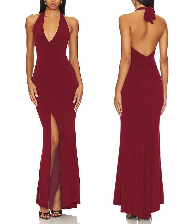 Women's Sexy Deep V-Neck Halter Evening Gown High Split Backless Maxi Dress Bodycon Formal Dress 408