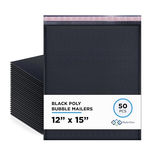 Black Large Poly Bubble Mailers 12x15 inch | Self Seal Padded Envelopes Cushioned Bubble Mailer | Usable Size 12x15 | WaterProof | Lightweight mailing Shipping Bags | 50 Pack Bulk