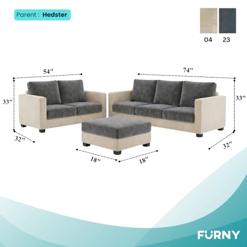 Image of FURNY Haster 3 Seater + 2 Seater Fabric Sofa Set with 1 Ottoman (Dark Grey-Cream) with Velvet Finish | Durable Comfort | Ideal for Living Room