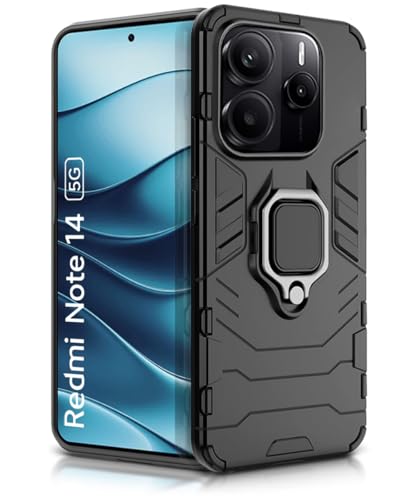 Image of WOW IMAGINE Shock Proof Back Case Mobile Cover for Redmi Note 14 SE 5G | Redmi Note 14 5G | Back Cover Case (Tough Armor | Hybrid PC + TPU | Ring Holder & in-Built Kickstand | Black)