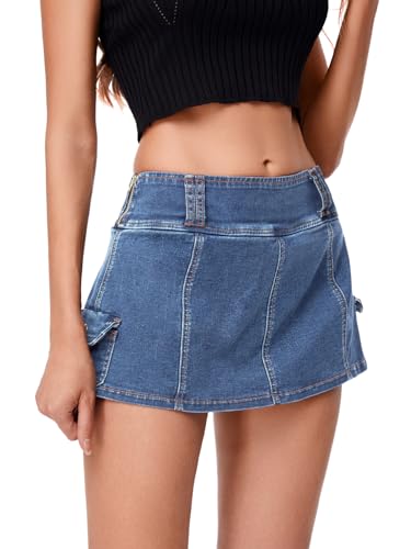 Floerns Minissaias jeans femininas casuais evasê flare com bolso, Azul claro, Medium