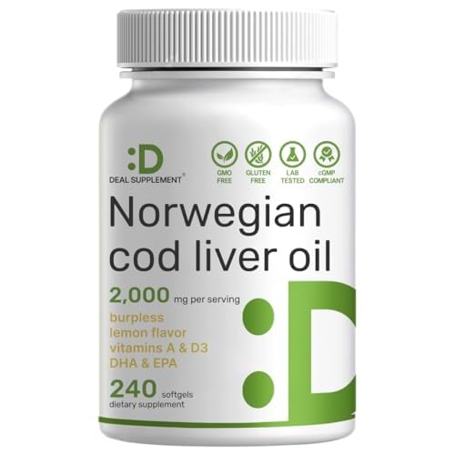 Wild Caught Cod Liver Oil 2,000mg Per Serving, 240 Softgels – Extra Strength EPA DHA Omega 3 with Vitamin D & A – Burpless, Lemon Flavored – Vision, Heart, Brain, & Immune Support