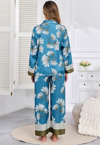 Brosloth Womens Silk Pajamas Floral Satin Pj Sets Button Up Long Sleeve Comfy Soft Fall 2 Pieces Lounge Sets4