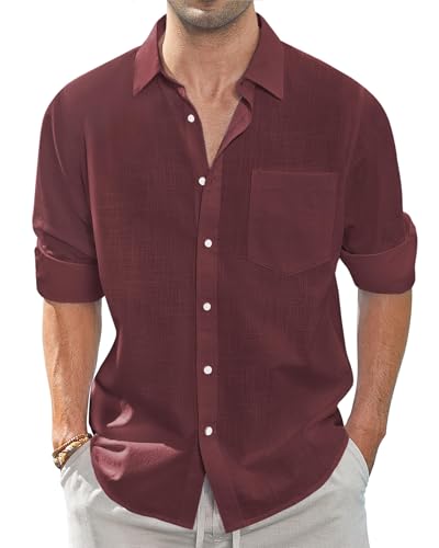 J.VER Men's Linen Cotton Shirts Long Sleeve Regular Fit Casual Solid Lightweight Summer Beach Shirt with Pocket Burgundy L