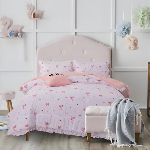 Image of A Nice Night Polka Dot Bow Comforter Set,6 Piece Bed in a Bag Chic Bowknot Bedding Sets,Princess Style,White Room Decor for Girls,Full