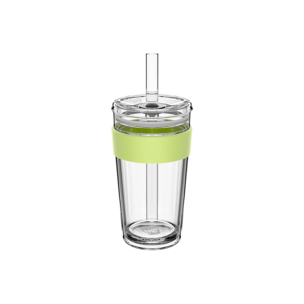 KeepCup Cold Cup - Longplay Double wall Glass Ice Coffee Tumbler with Lid and Straw - 16oz (454ml) - Chartreuse Green