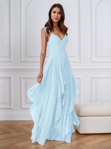 Women's Long Bridesmaid Dresses Chiffon Spaghetti Straps Prom Dresss 2025 Ruffle Hem Formal Evening Gown2