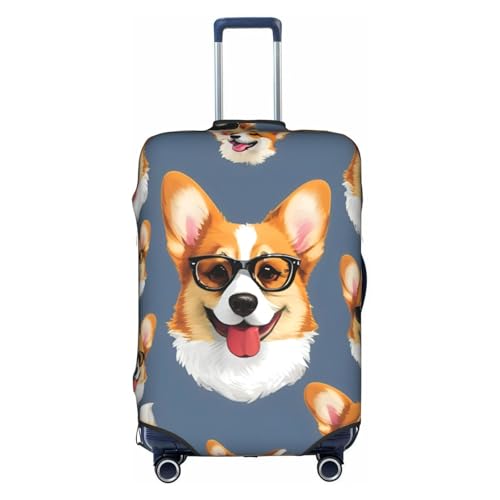 Cvnbmakk かわいいコーギーグラスと口ひげプリントトラベル荷物カバー、防水防塵保護カバー 18-32インチのスーツケース用, ホワイト。, Small