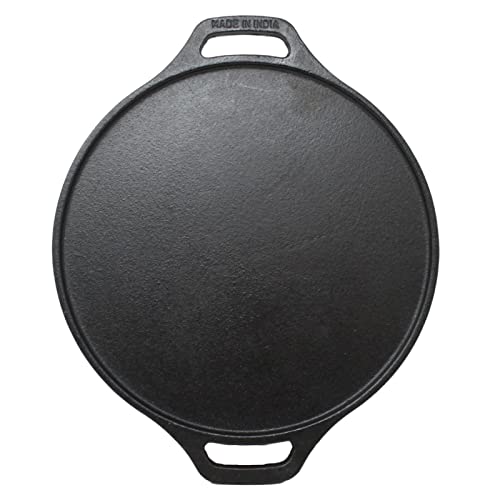 GK Global Kitchen Cast Iron Dosa Tawa Flat Round Tava Crepe Pancake Pan Roti Chapati Tawa Double Handled Indian Flat Bread Pan Griddle Heavy Duty Hob StoveTop Cookware Black 30cm