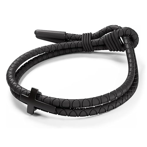 Rowdy Parrot FlexTech Adjustable Silicone Braided Rope Bracelet for Men - Waterproof, Sweatproof, One Size Fits All - Featuring Religious Christian Jesus Cross Design