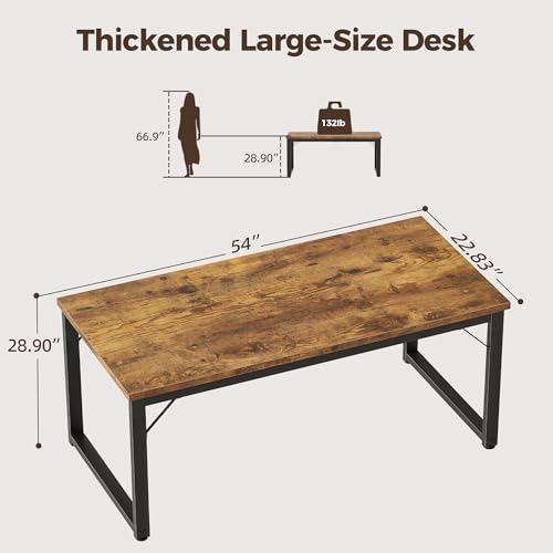 Image of 54 Inch Computer Desk, 1 inch Thick Large Office Table, Brown | Modern Simple Style, Heavy Duty Industrial Frame, Study & Writing Table for Home Bedroom Work
